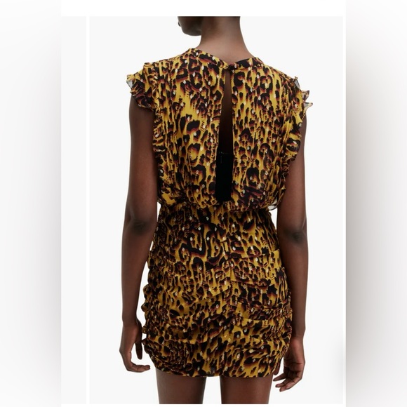 All Saints Hali Pleated Leopard Notes Yellow Multi Mini Dress Size 8 NWT - Picture 6 of 16
